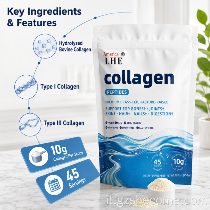 Shecome Supporto per capelli e pelle in polvere con peptidi di collagene